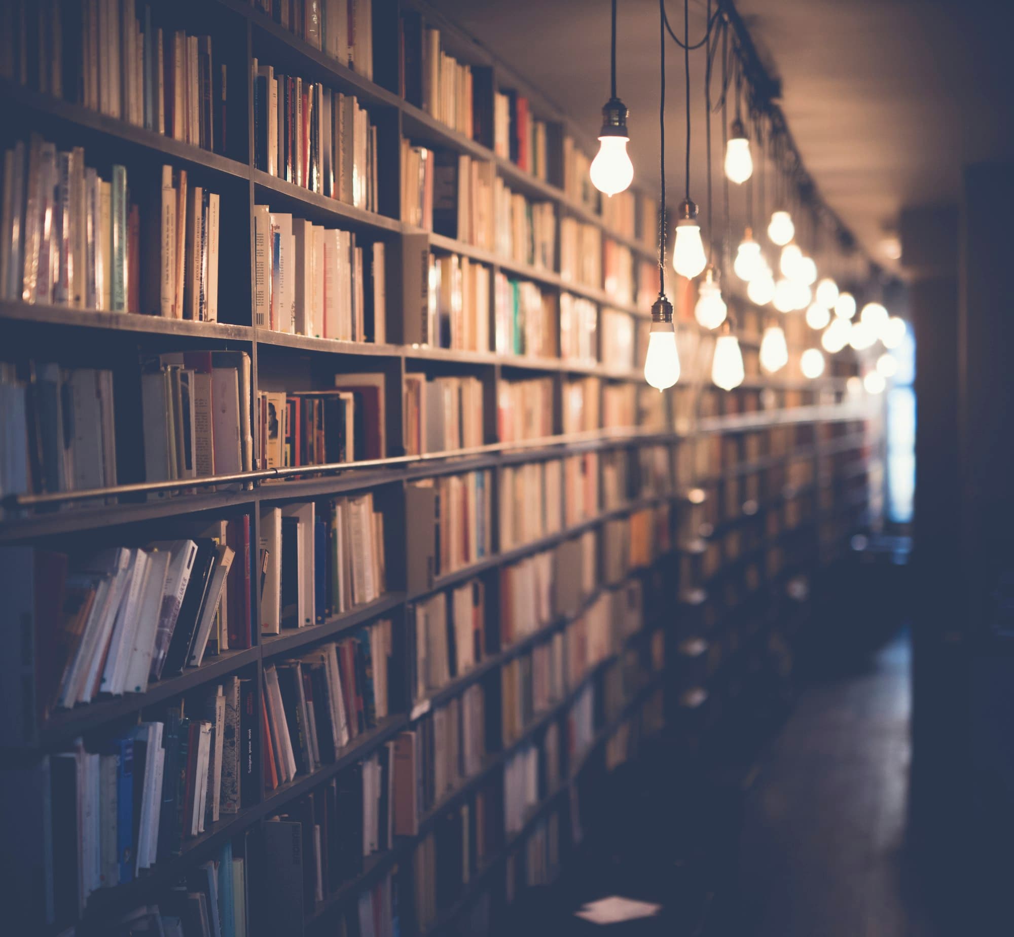 A warm-lit old library with tall bookshelves and hanging bulbs